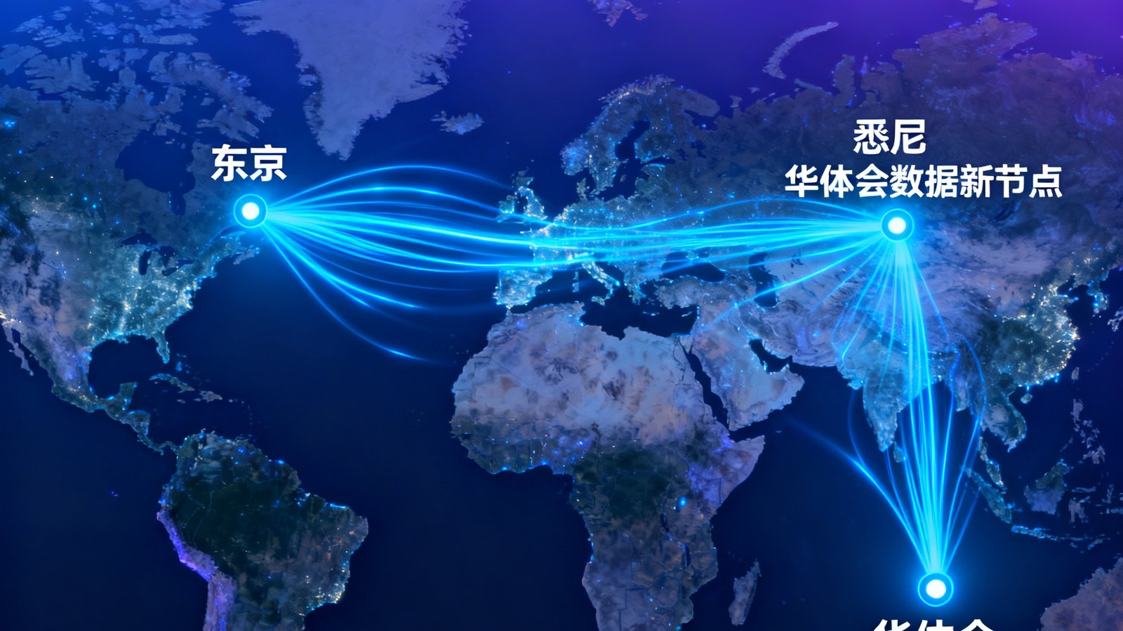 世界地图上标注了东京和悉尼两个新数据节点位置，用发光线条连接至现有网络，象征华体会数据节点全球扩展计划