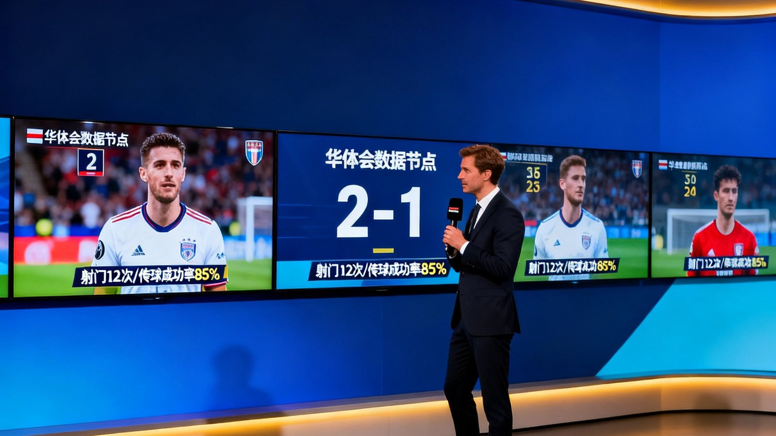 欧洲某知名体育媒体演播室场景，多块屏幕同步显示华体会数据节点推送的实时比分与球员统计，主持人正在播报赛事动态