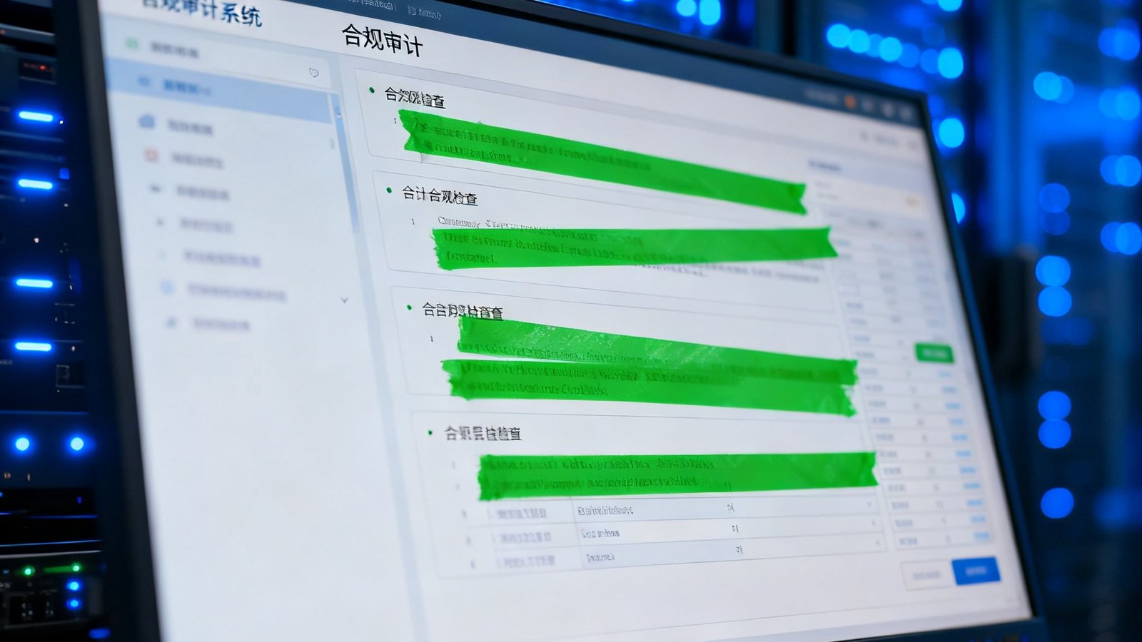 合规审计系统界面截图，绿色通过标记覆盖了各项数据合规检查项，背景是服务器机房的蓝色指示灯阵列，体现数据处理的严谨性
