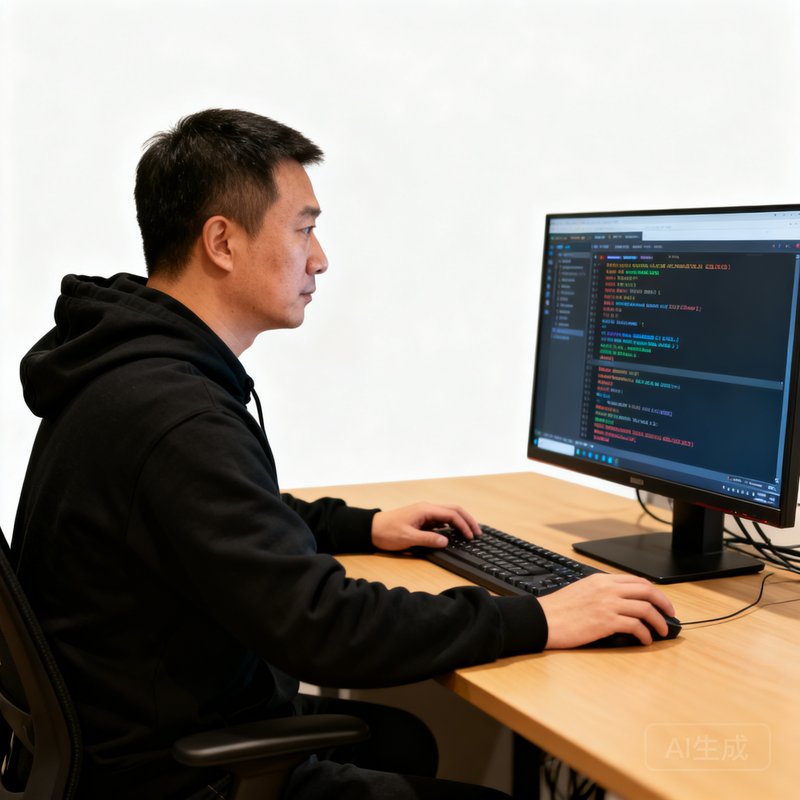 安全总监王浩然的工作照，38岁男性，穿着黑色连帽卫衣，在电脑前进行渗透测试，屏幕显示防火墙日志界面